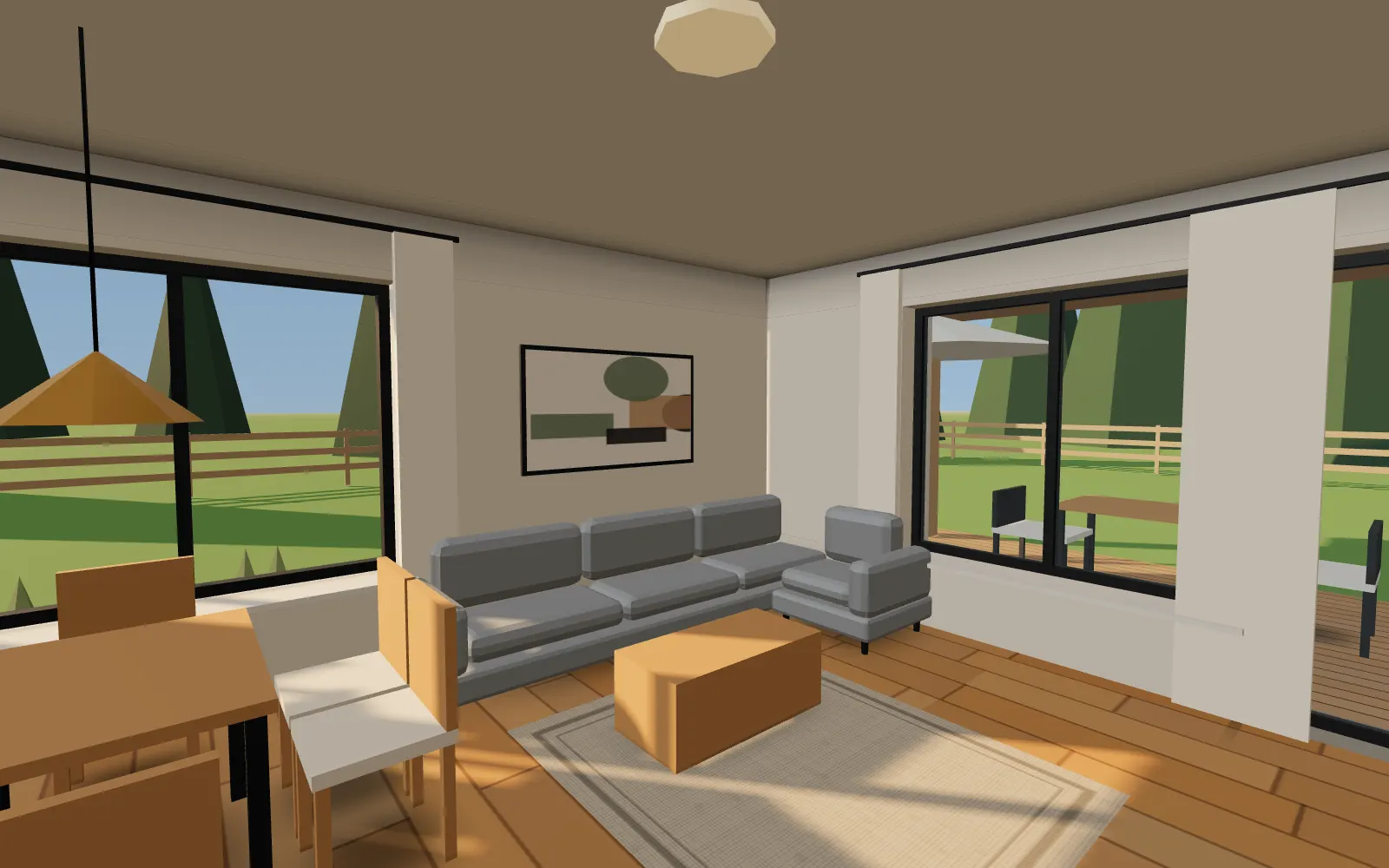 Day: The living room in low golden-hour sun